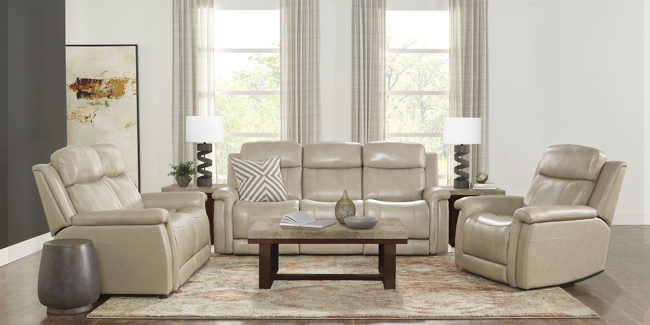 Orsini Beige Leather 7 Pc Living Room with Dual Power Reclining Sofa ...