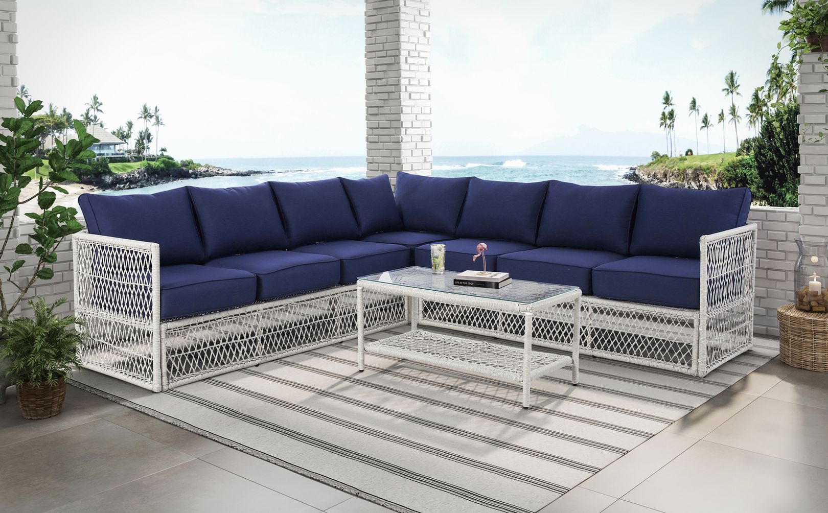 photo of modular white wicker sectional with blue cushions