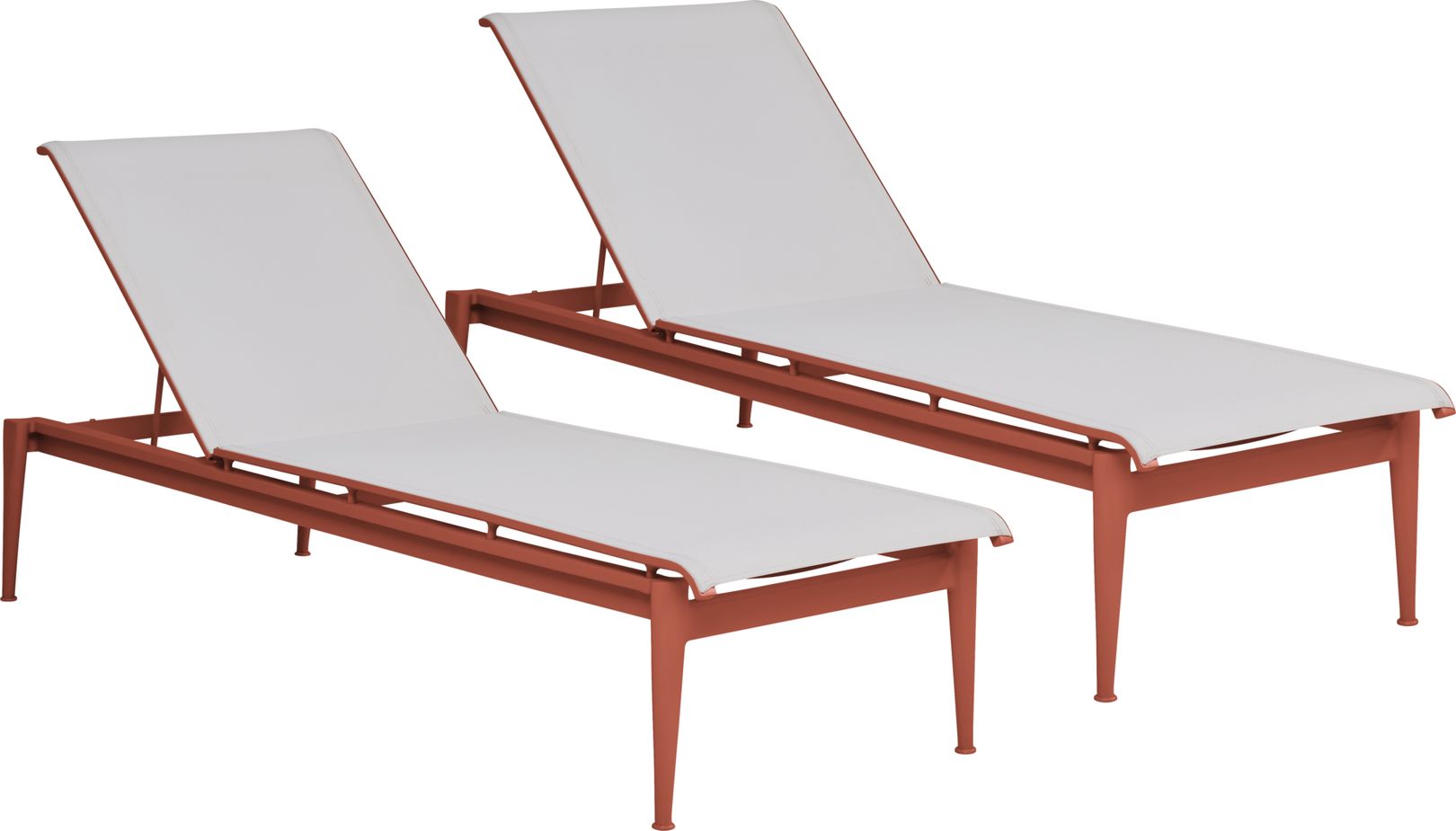 Photo of a pair of teak outdoor chaise lounges with ivory sling seats poolside