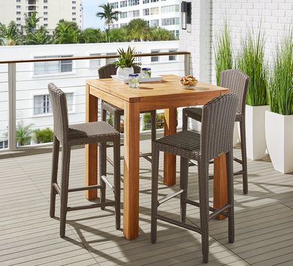 Patmos Teak 5 Pc 36 in. Square Bar Height Outdoor Dining Set with Brown Wicker Barstools
