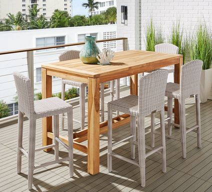 Patmos Teak 5 Pc 71 in. Rectangle Bar Height Outdoor Dining Set with Gray Wicker Barstools