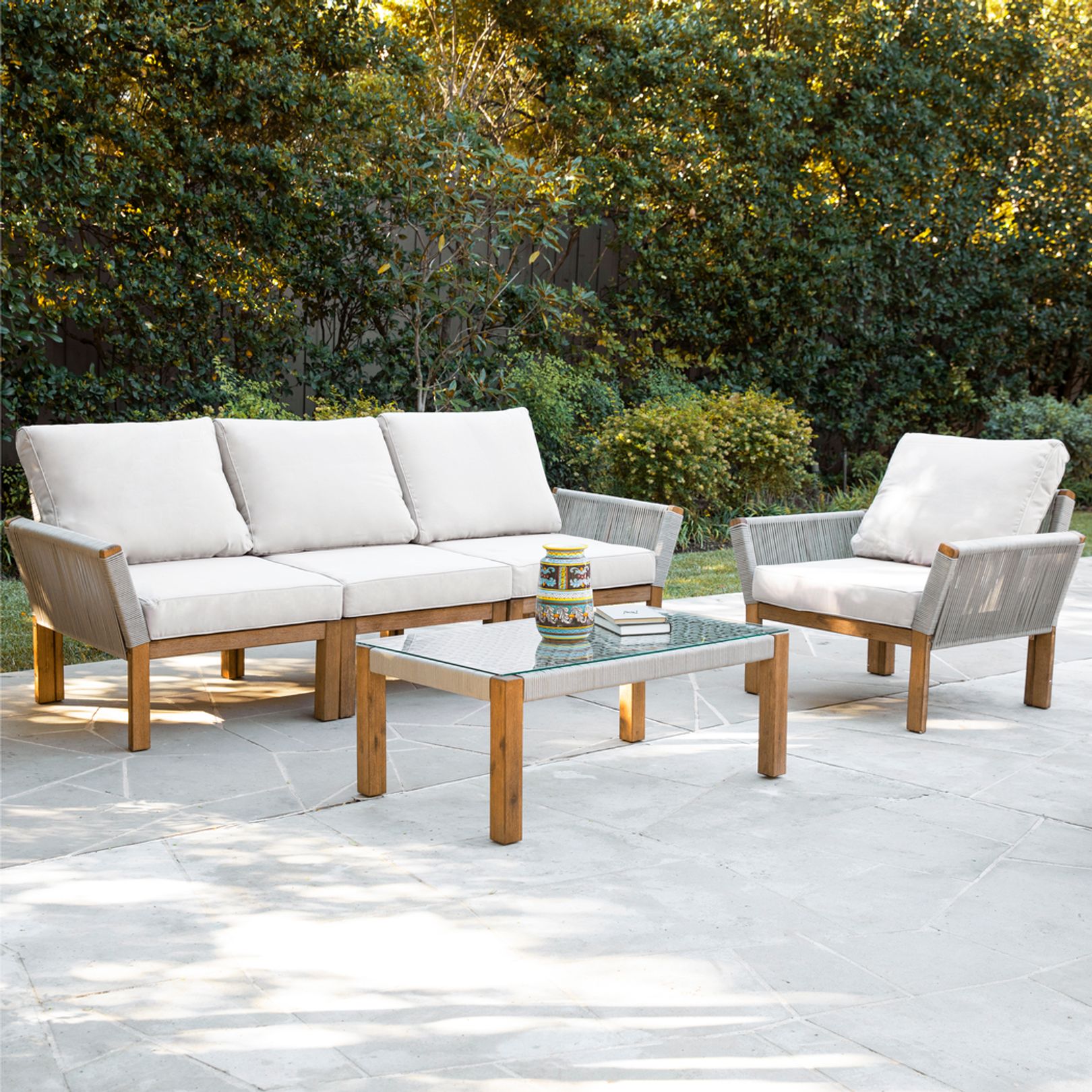Photo of gray and wood outdoor seating set
