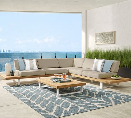 Platform Teak 3 Pc Outdoor Sectional with Pebble Cushions