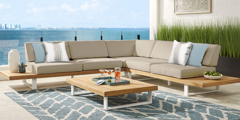 Platform Teak 3 Pc Outdoor Sectional with Pebble Cushions