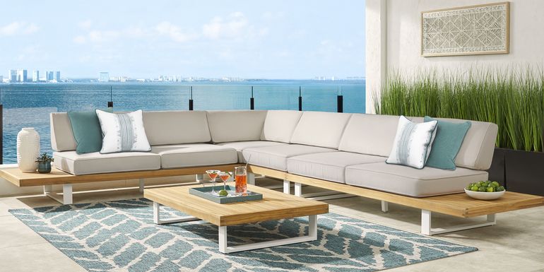 Platform Teak 4 Pc Outdoor Sectional with Rollo Linen Cushions