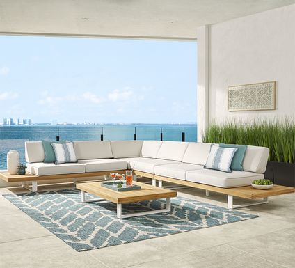 Platform Teak 4 Pc Outdoor Sectional with White Sand Cushions