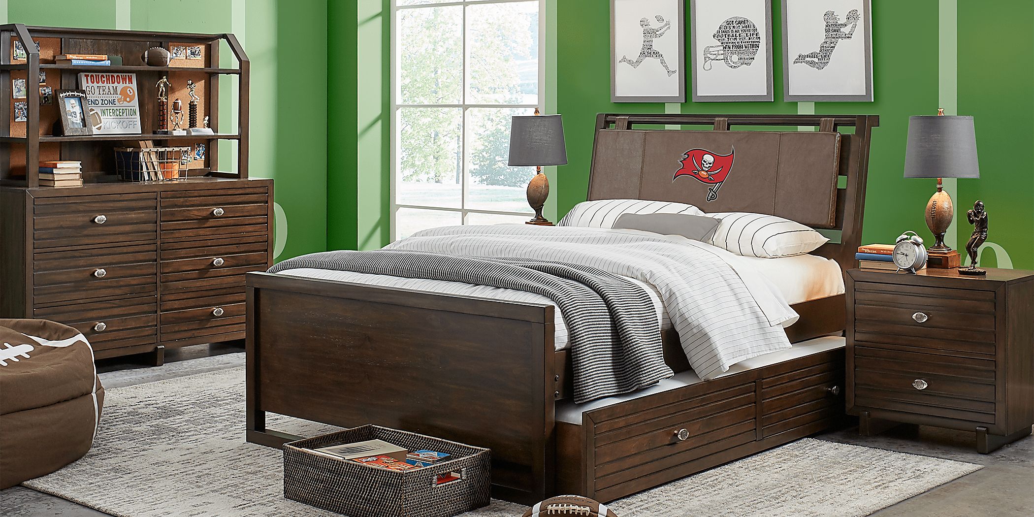 Nfl 1st & Goal 5 Pc Brown Cherry Dark Wood Twin Bedroom Set With