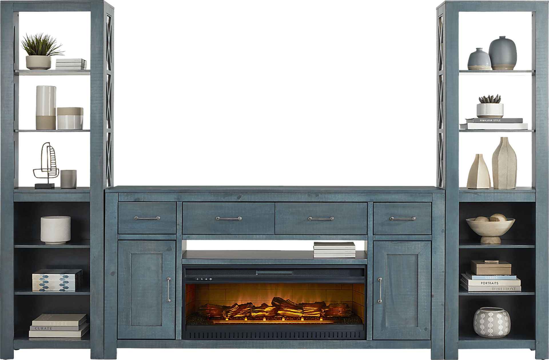 Abbey Springs Blue 4 Pc Wall Unit with 77 in. Console and Electric Log Fireplace - Image 2