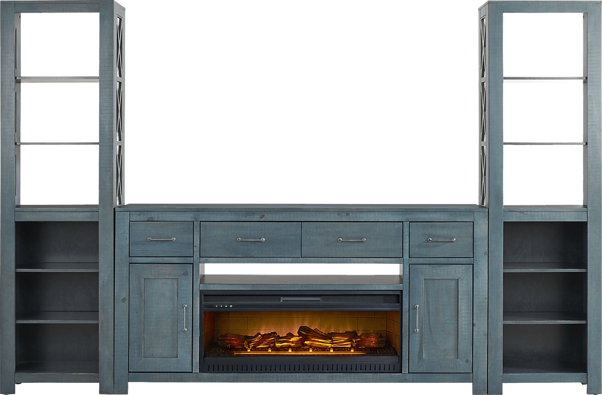 Abbey Springs Blue 4 Pc Wall Unit with 77 in. Console and Electric Log Fireplace - Image 1