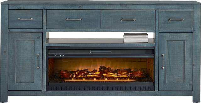 Abbey Springs Blue 77" Console with Electric Log Fireplace - Thumbnail - Image 1