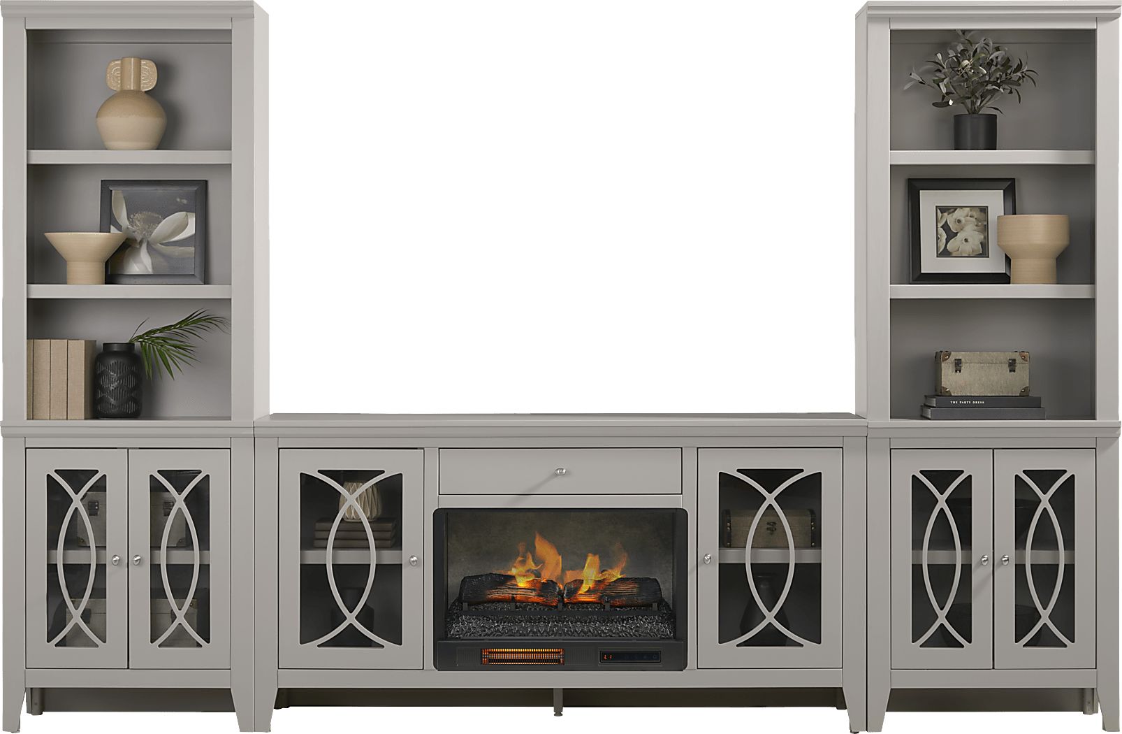 Abbie II Gray 3 Pc Wall Unit with 66 in. Console and Electric Log Fireplace