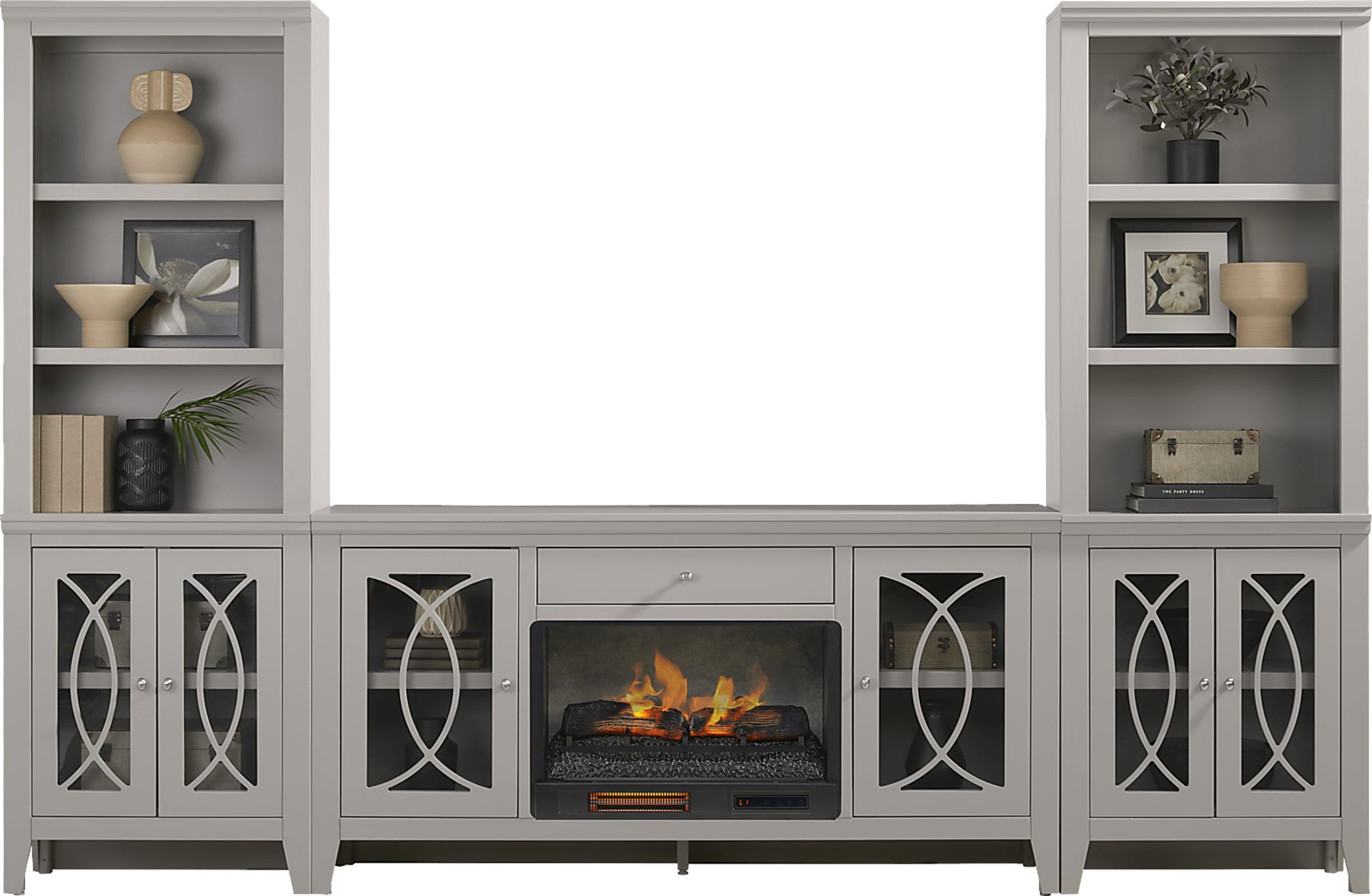 Abbie II Gray 3 Pc Wall Unit with 66 in. Console and Electric Log Fireplace - Image 1