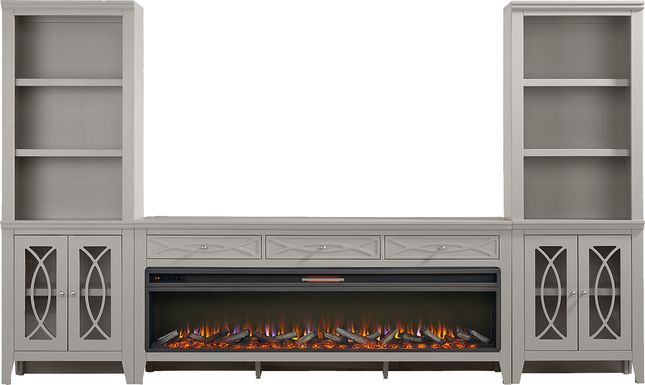 Abbie II Gray 3 Pc Wall Unit with 77 in. Console and Electric Log Fireplace