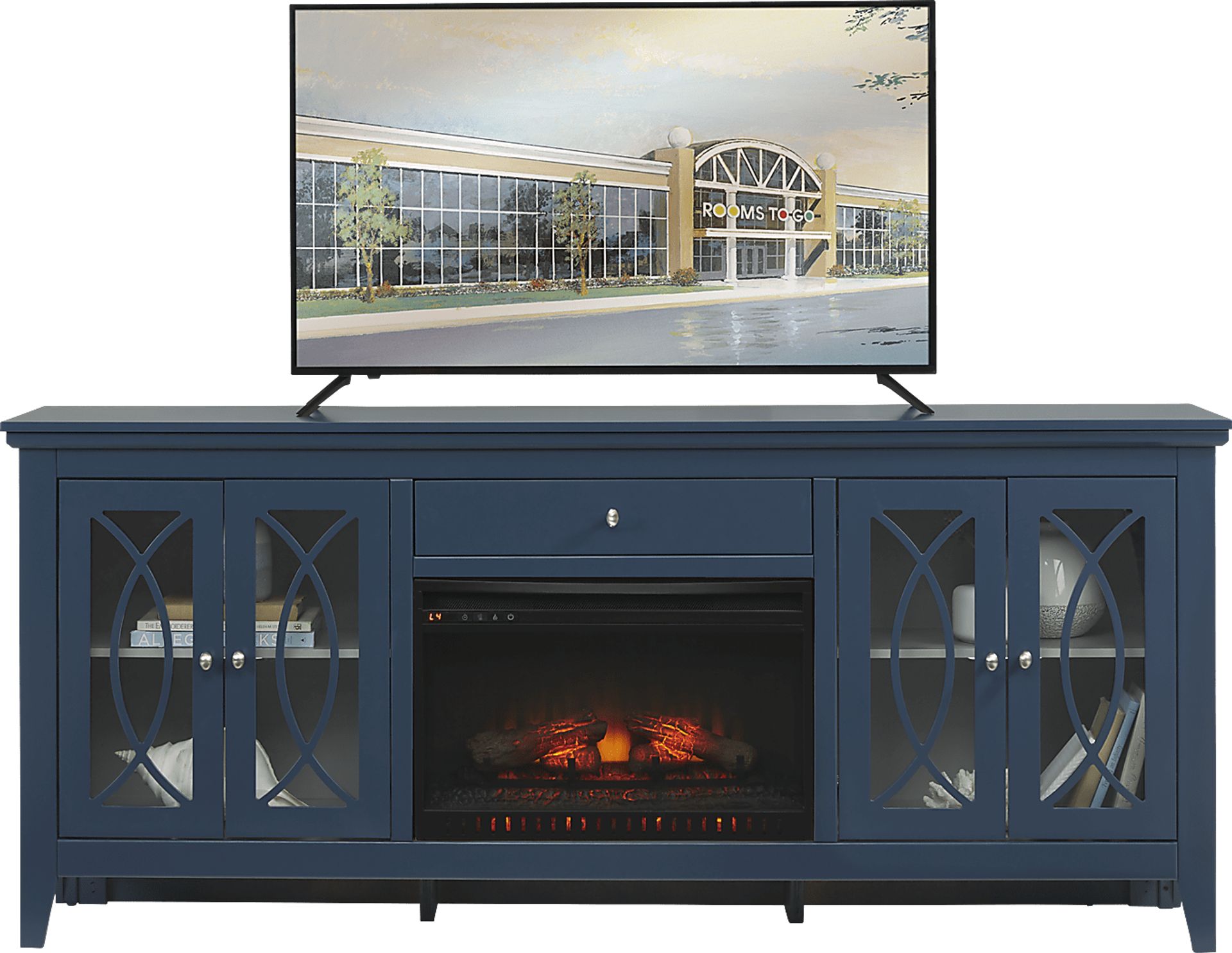 Abbie Navy 80 in. Console with Electric Log Fireplace - Image 1