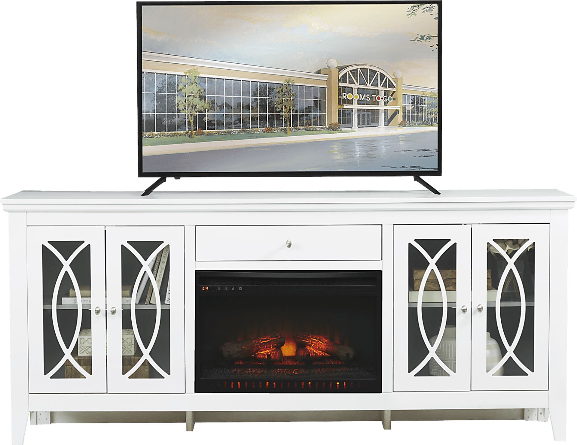 Abbie White 80 in. Console with Electric Log Fireplace - Image 1