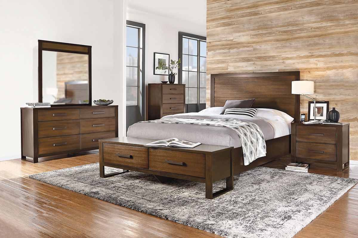 Abbott 5 Pc Hazelnut Dark Wood Queen Bedroom Set With Dresser, Mirror ...