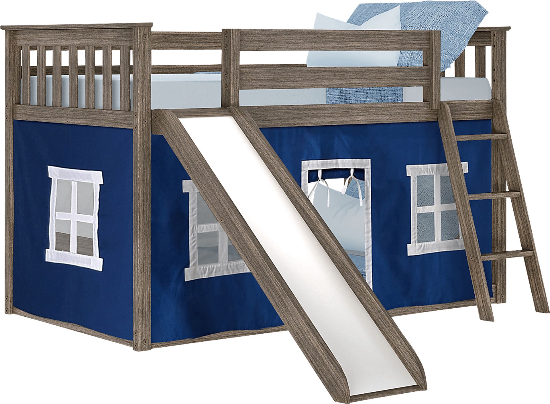 Kids Abdiel Brown Twin/Twin Low Bunk Bed with Slide and Blue Tent - Image 2