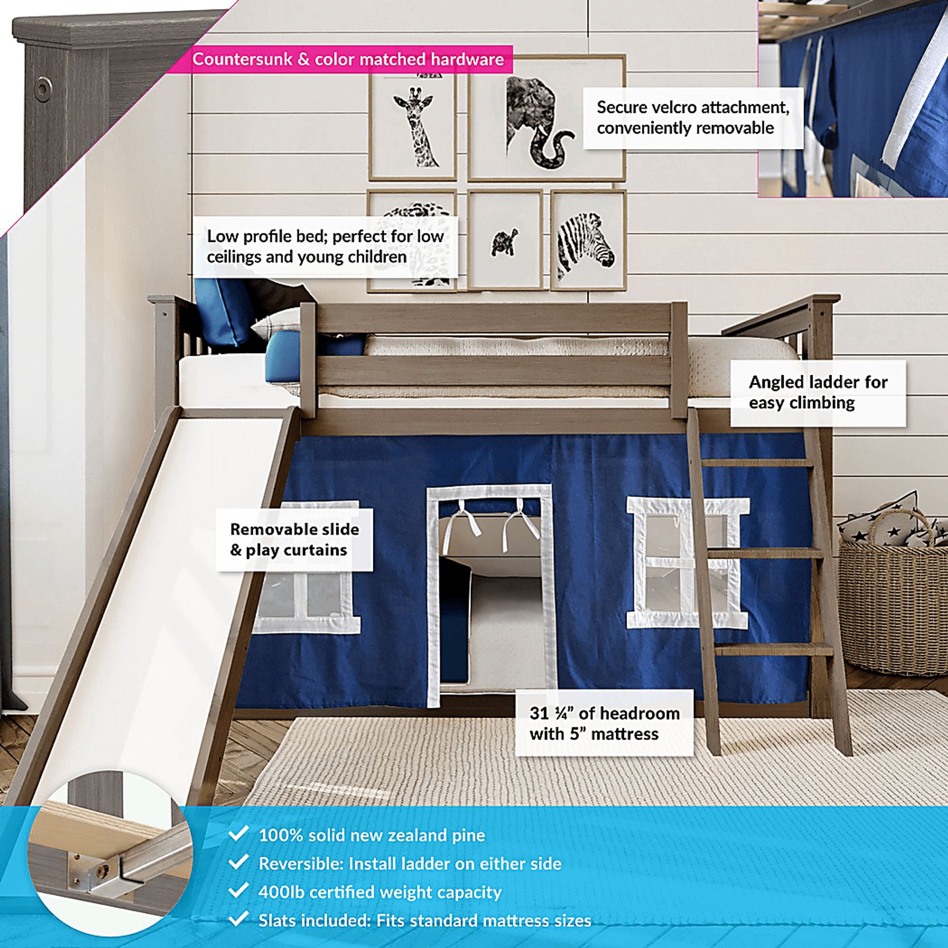 Kids Abdiel Brown Twin/Twin Low Bunk Bed with Slide and Blue Tent - Image 3