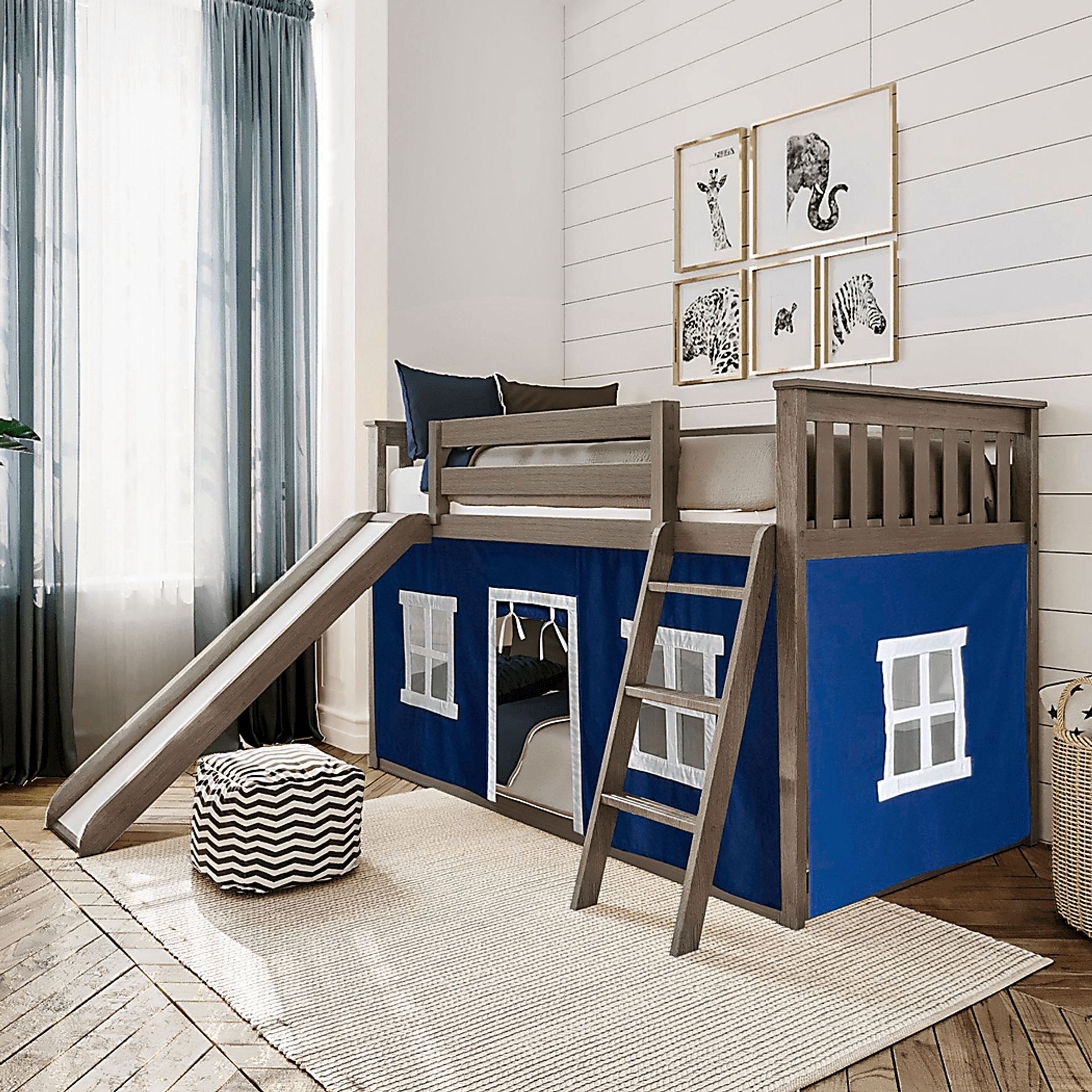Kids Abdiel Brown Twin/Twin Low Bunk Bed with Slide and Blue Tent - Image 1