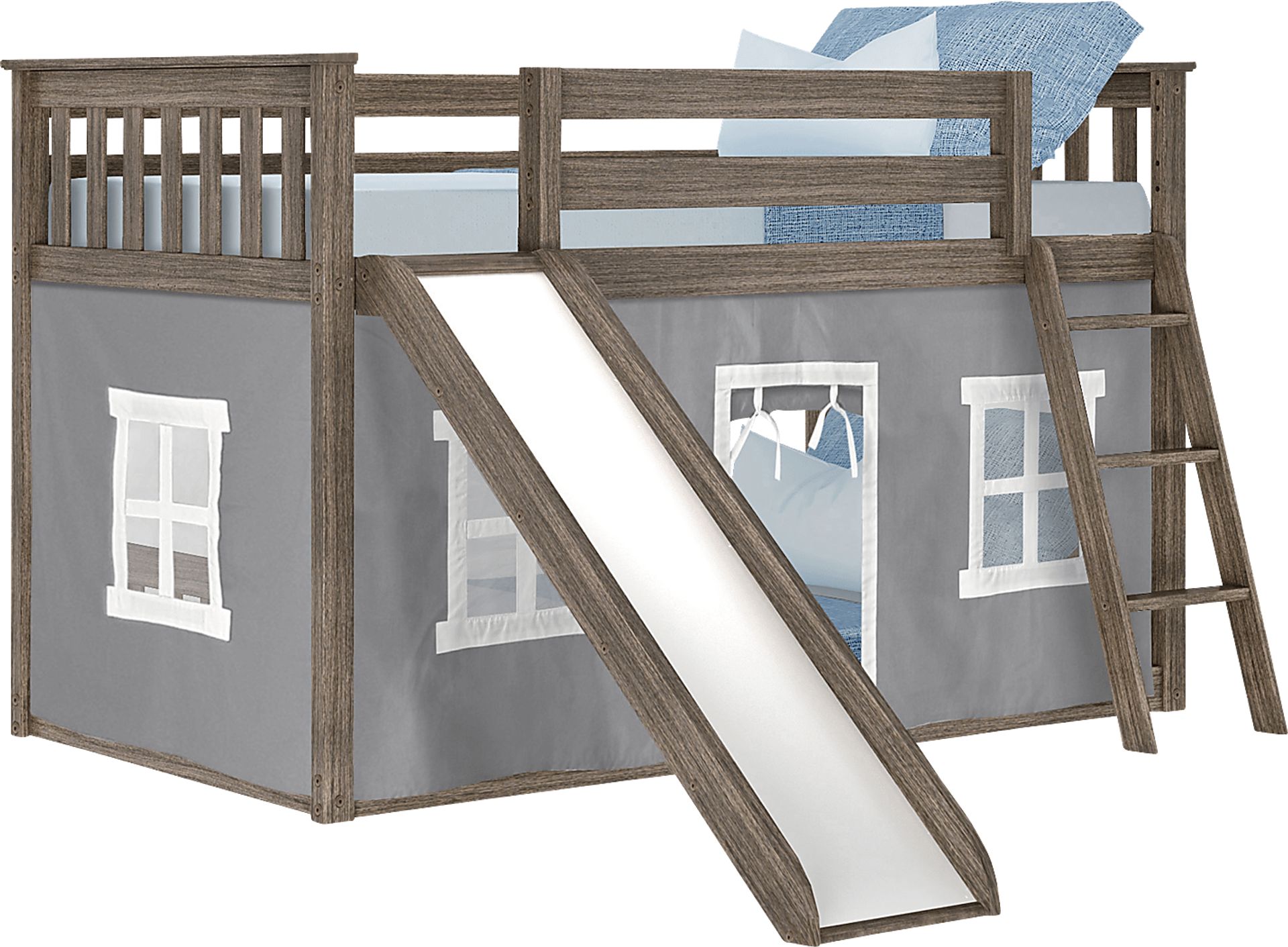 Kids Abdiel Brown Twin/Twin Low Bunk Bed with Slide and Gray Tent - Image 2