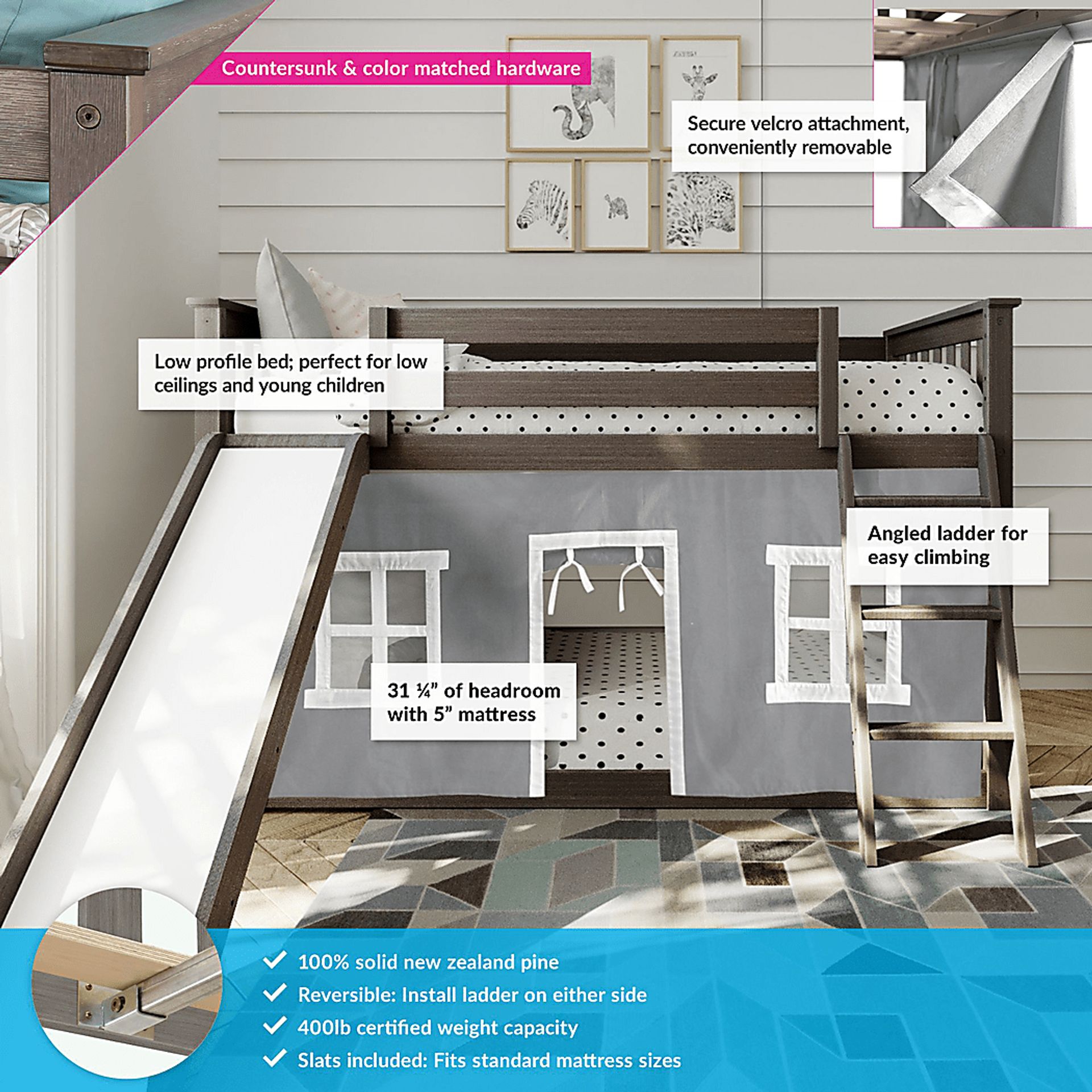 Kids Abdiel Brown Twin/Twin Low Bunk Bed with Slide and Gray Tent - Image 3