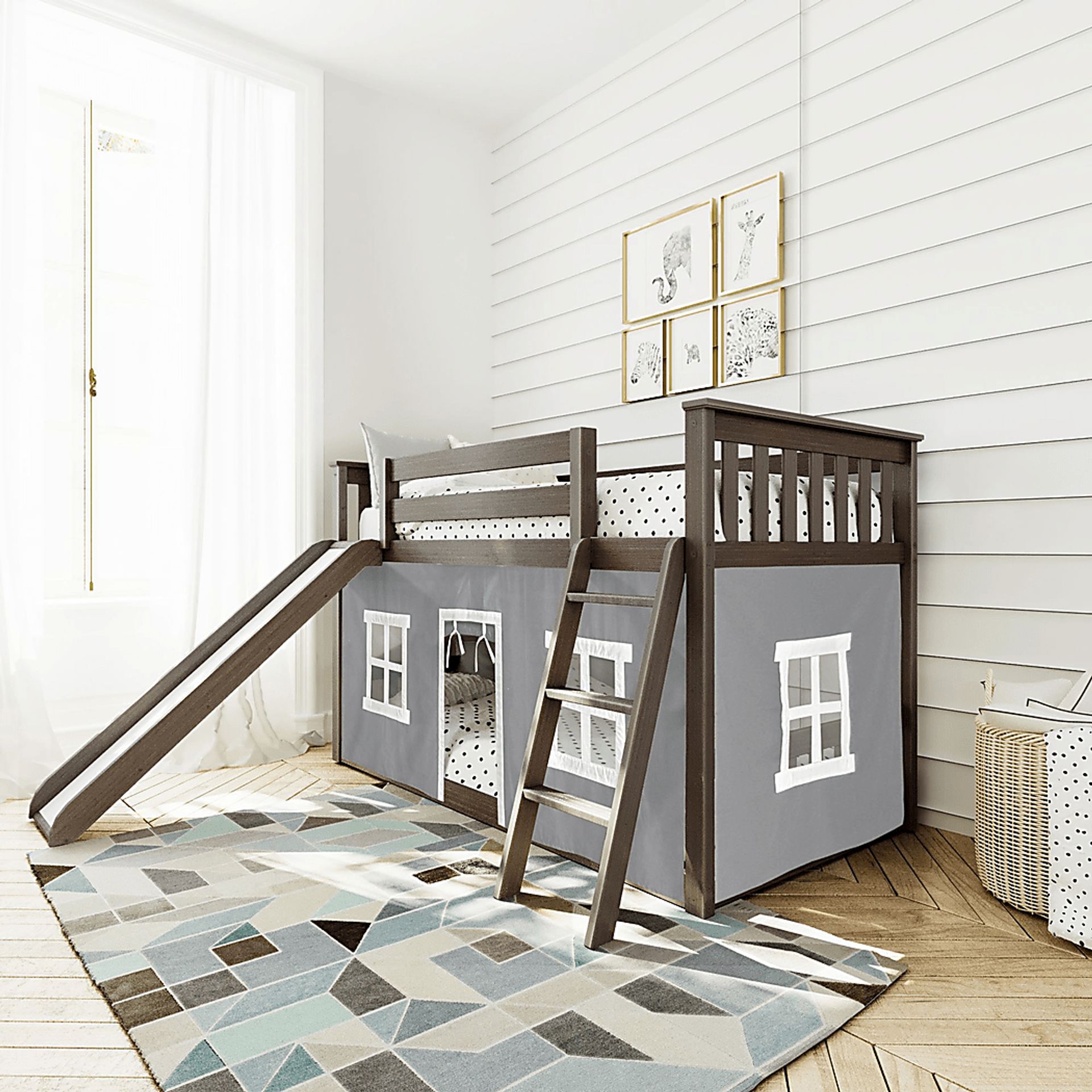 Kids Abdiel Brown Twin/Twin Low Bunk Bed with Slide and Gray Tent - Image 1