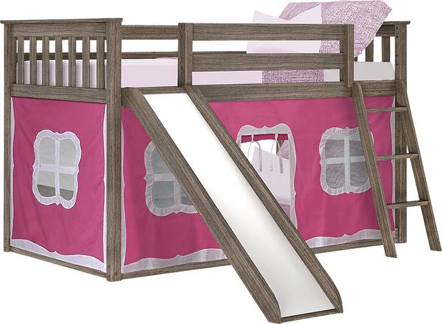 Kids Abdiel Brown Twin/Twin Low Bunk Bed with Slide and Pink Tent - Thumbnail - Image 2