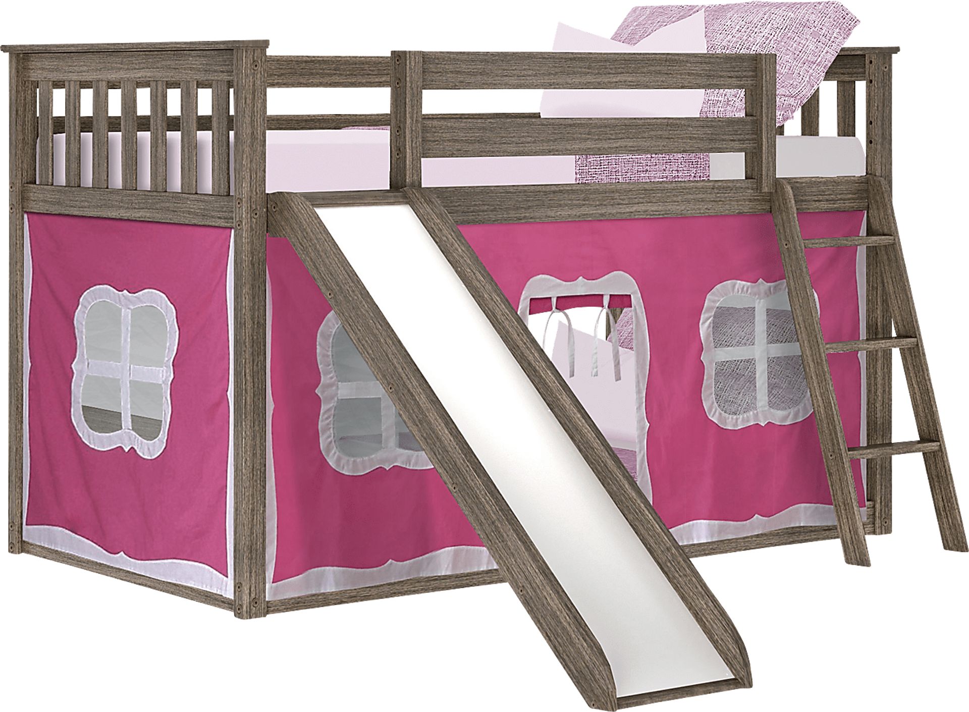 Kids Abdiel Brown Twin/Twin Low Bunk Bed with Slide and Pink Tent - Image 2