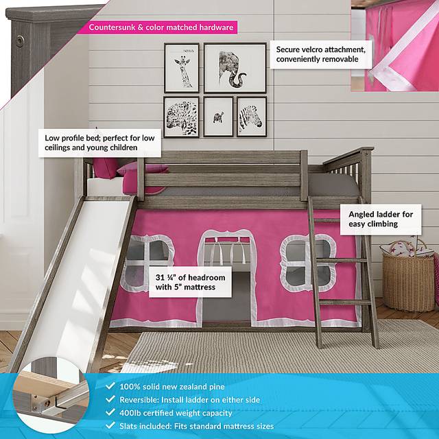 Kids Abdiel Brown Twin/Twin Low Bunk Bed with Slide and Pink Tent - Thumbnail - Image 3