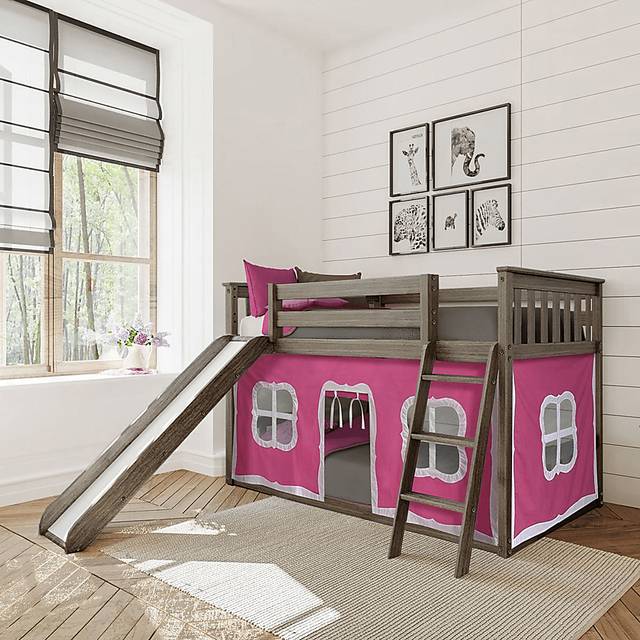 Kids Abdiel Brown Twin/Twin Low Bunk Bed with Slide and Pink Tent - Thumbnail - Image 1