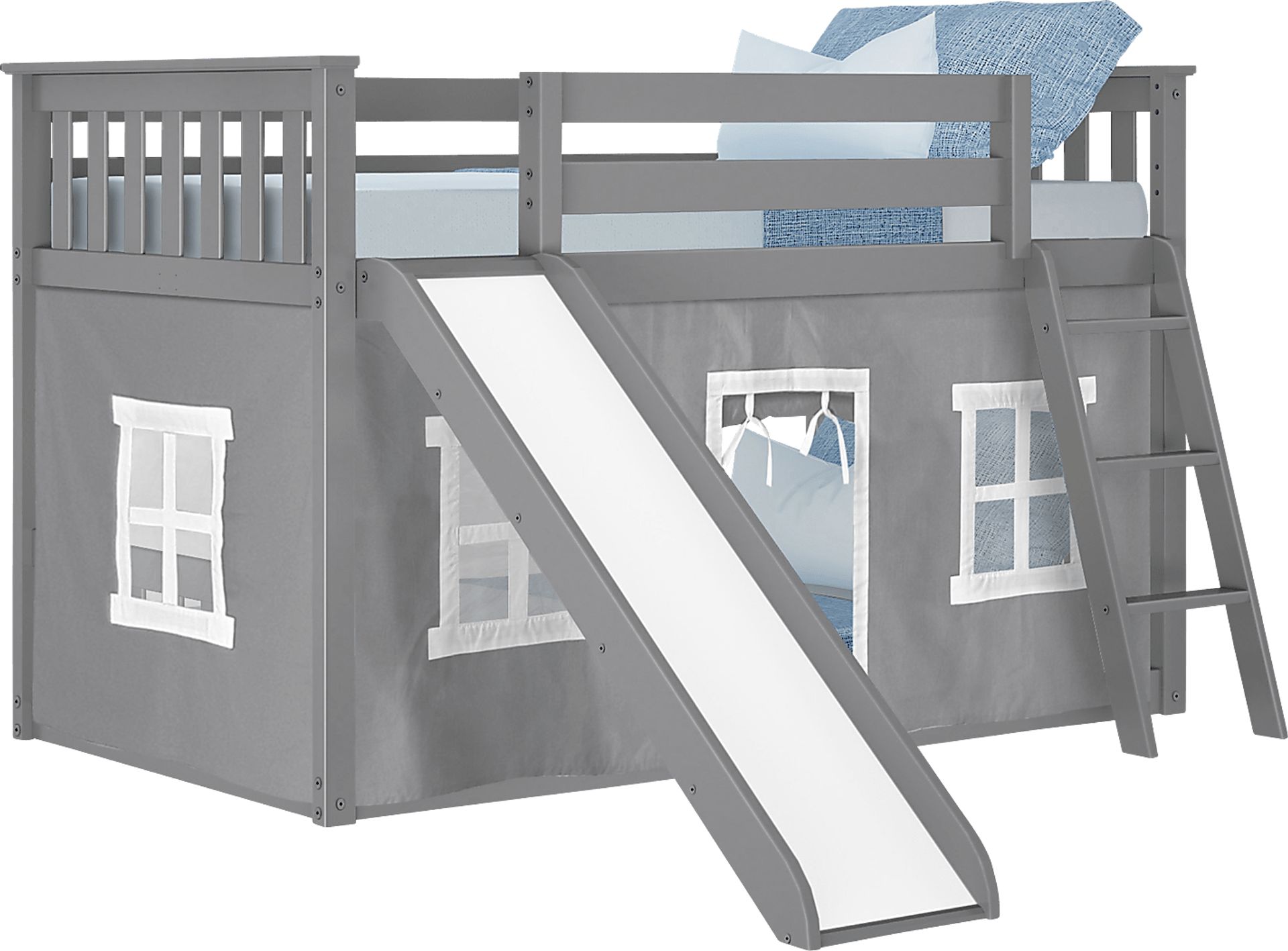 Kids Abdiel Gray Twin/Twin Low Bunk Bed with Slide and Gray Tent - Image 2