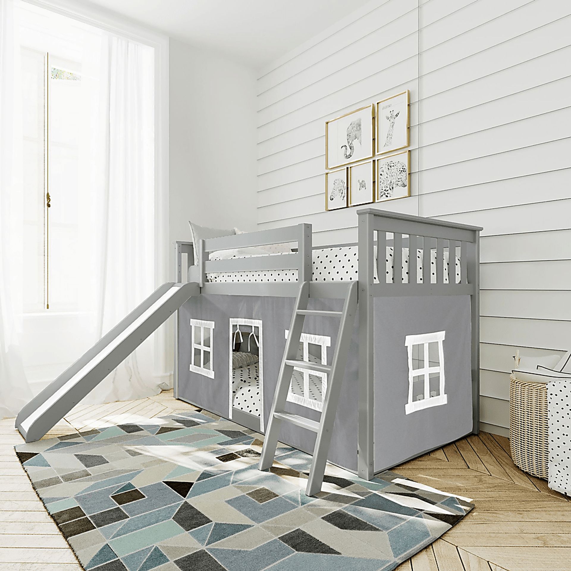 Kids Abdiel Gray Twin/Twin Low Bunk Bed with Slide and Gray Tent - Image 1