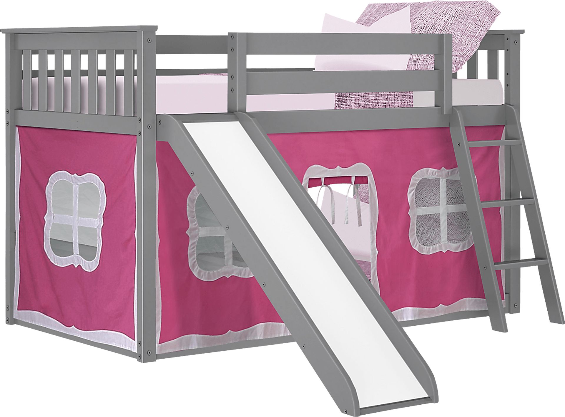 Kids Abdiel Gray Twin/Twin Low Bunk Bed with Slide and Pink Tent - Image 2