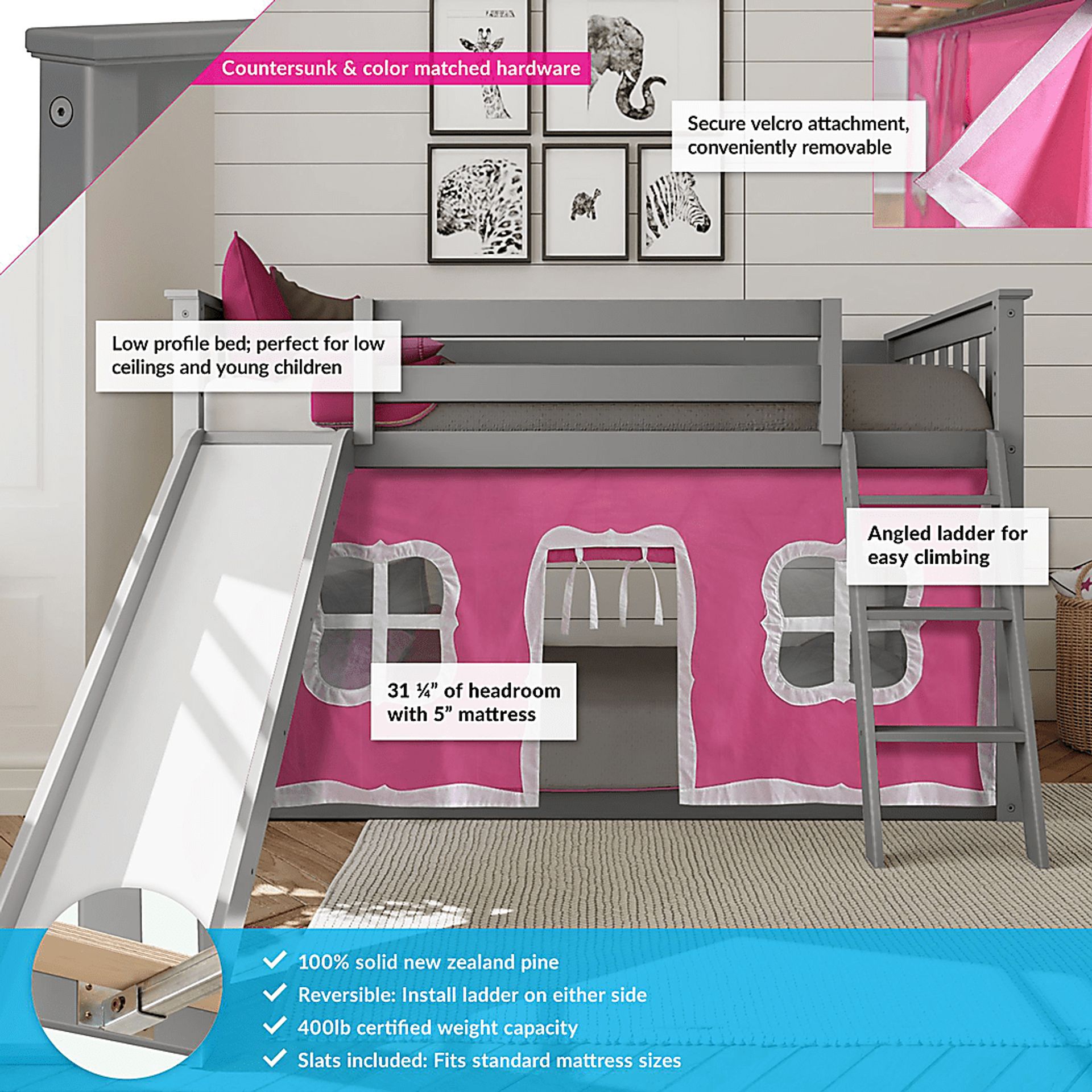 Kids Abdiel Gray Twin/Twin Low Bunk Bed with Slide and Pink Tent - Image 3