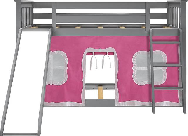 Kids Abdiel Gray Twin/Twin Low Bunk Bed with Slide and Pink Tent - Thumbnail - Image 4