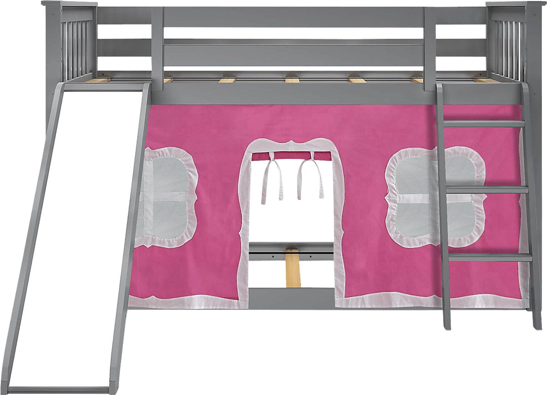 Kids Abdiel Gray Twin/Twin Low Bunk Bed with Slide and Pink Tent - Image 4