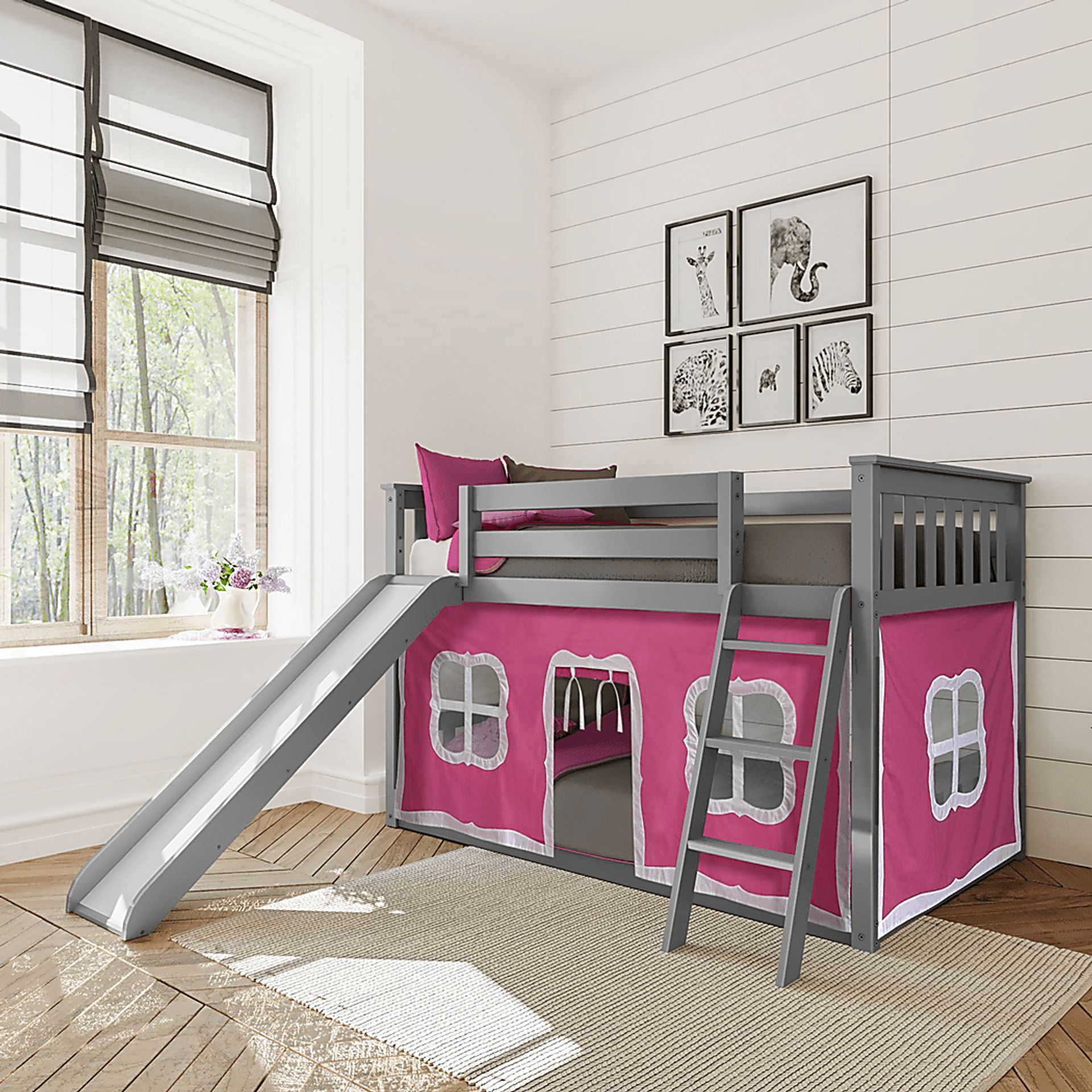 Kids Abdiel Gray Twin/Twin Low Bunk Bed with Slide and Pink Tent - Image 1