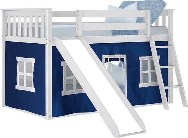 Kids Abdiel White Twin/Twin Low Bunk Bed with Slide and Blue Tent - Thumbnail - Image 2