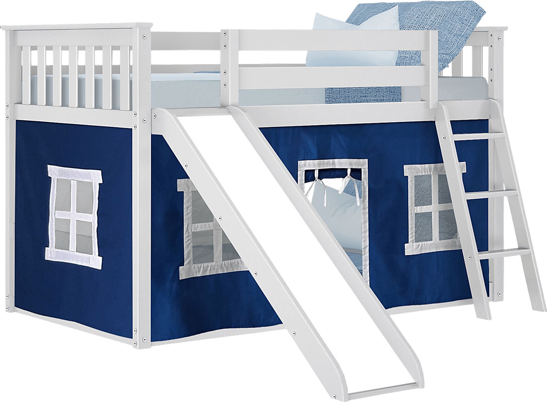 Kids Abdiel White Twin/Twin Low Bunk Bed with Slide and Blue Tent - Image 2