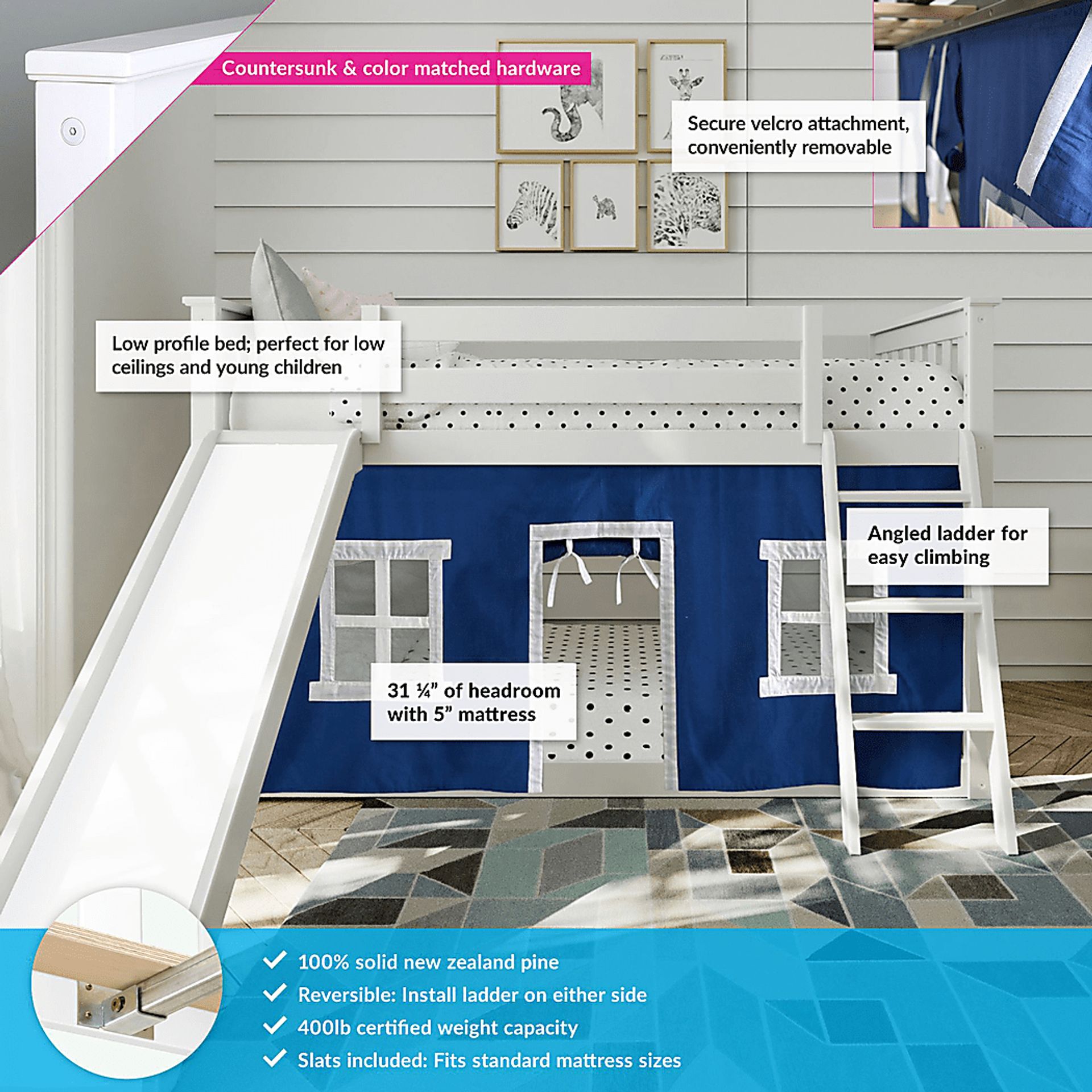 Kids Abdiel White Twin/Twin Low Bunk Bed with Slide and Blue Tent - Image 3