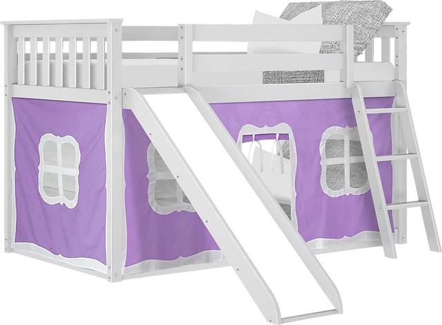 Kids Abdiel White Twin/Twin Low Bunk Bed with Slide and Purple Tent - Thumbnail - Image 2