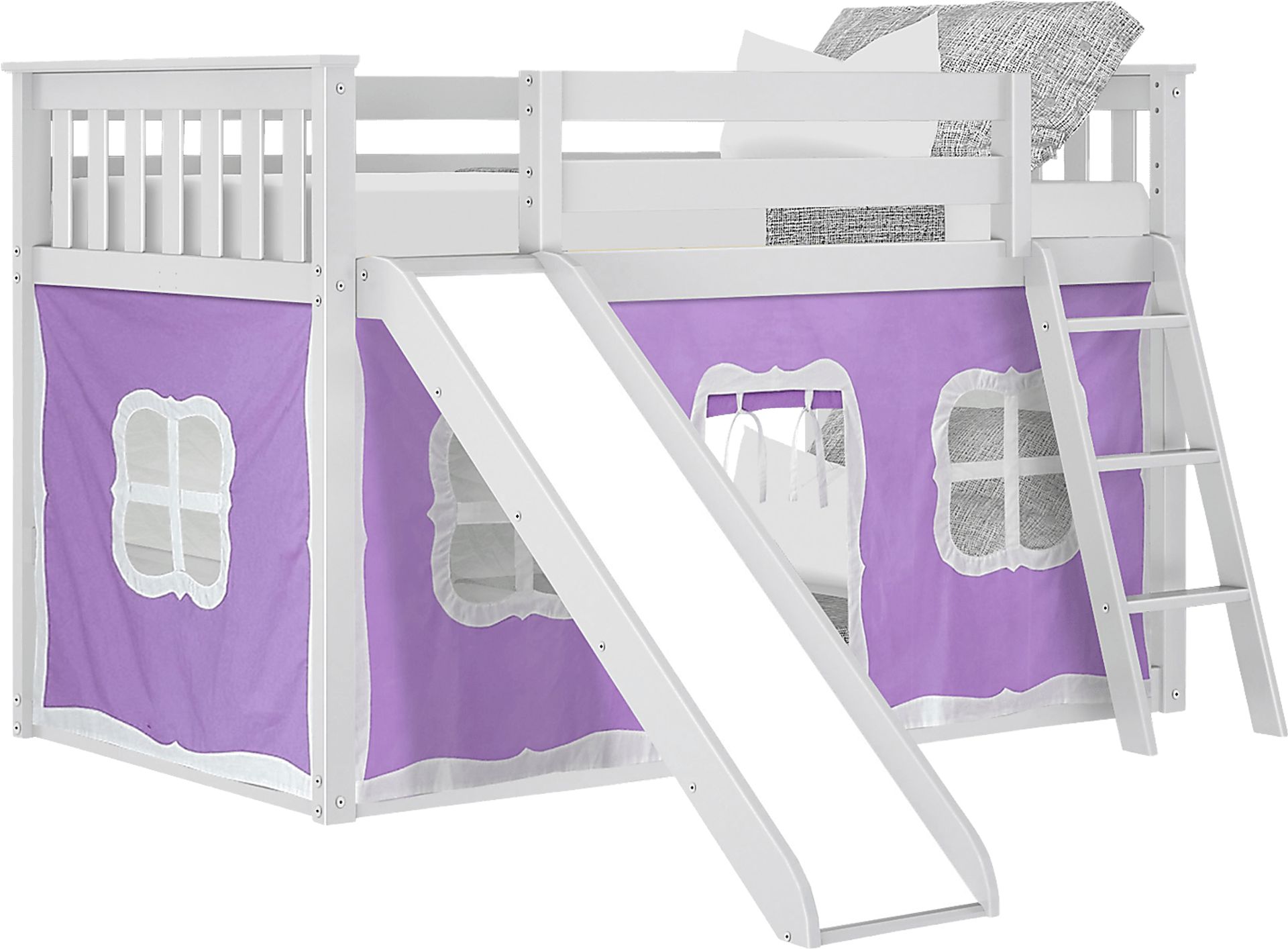 Kids Abdiel White Twin/Twin Low Bunk Bed with Slide and Purple Tent - Image 2