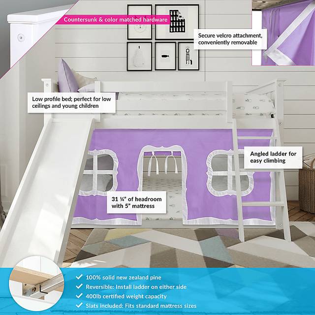 Kids Abdiel White Twin/Twin Low Bunk Bed with Slide and Purple Tent - Thumbnail - Image 3