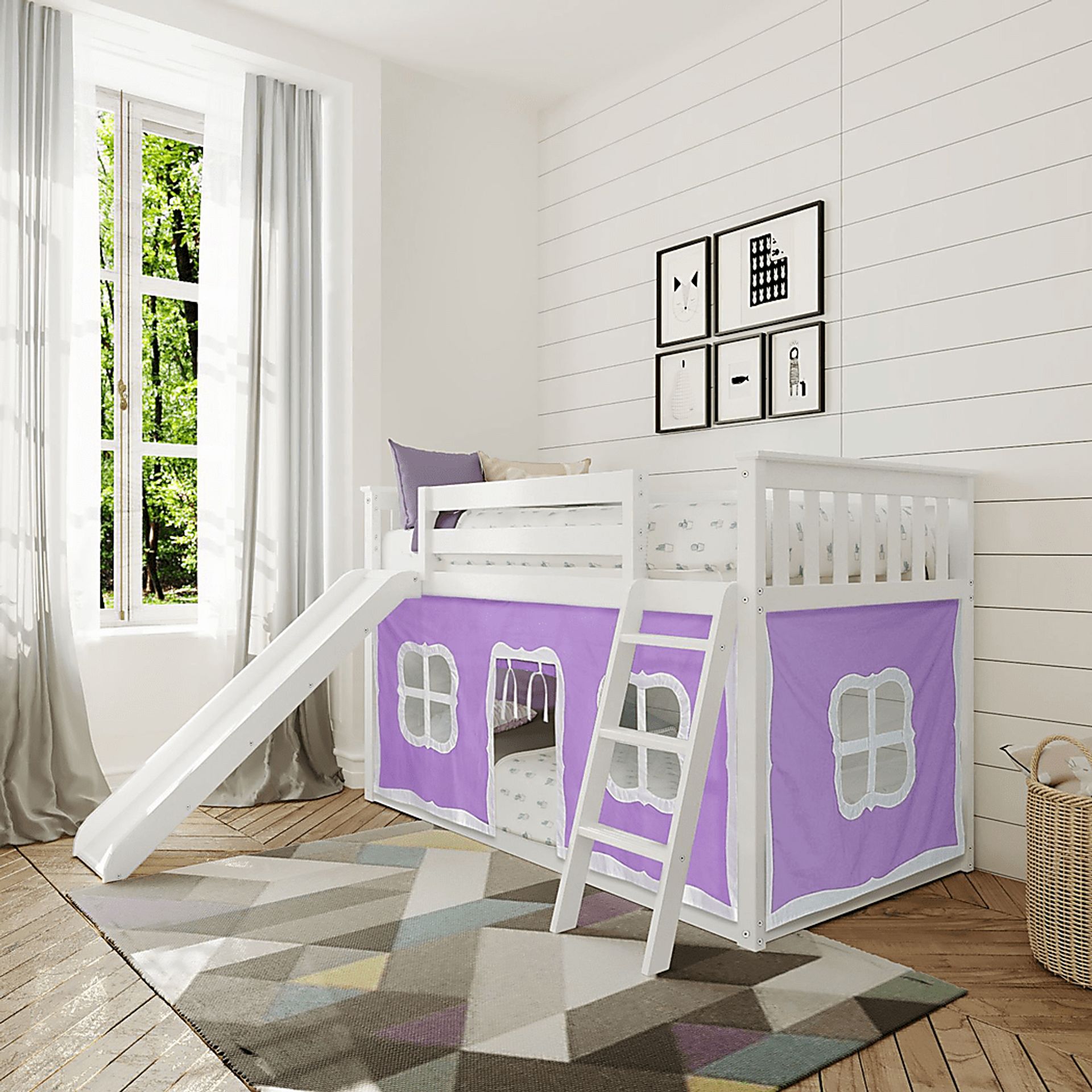 Kids Abdiel White Twin/Twin Low Bunk Bed with Slide and Purple Tent - Image 1