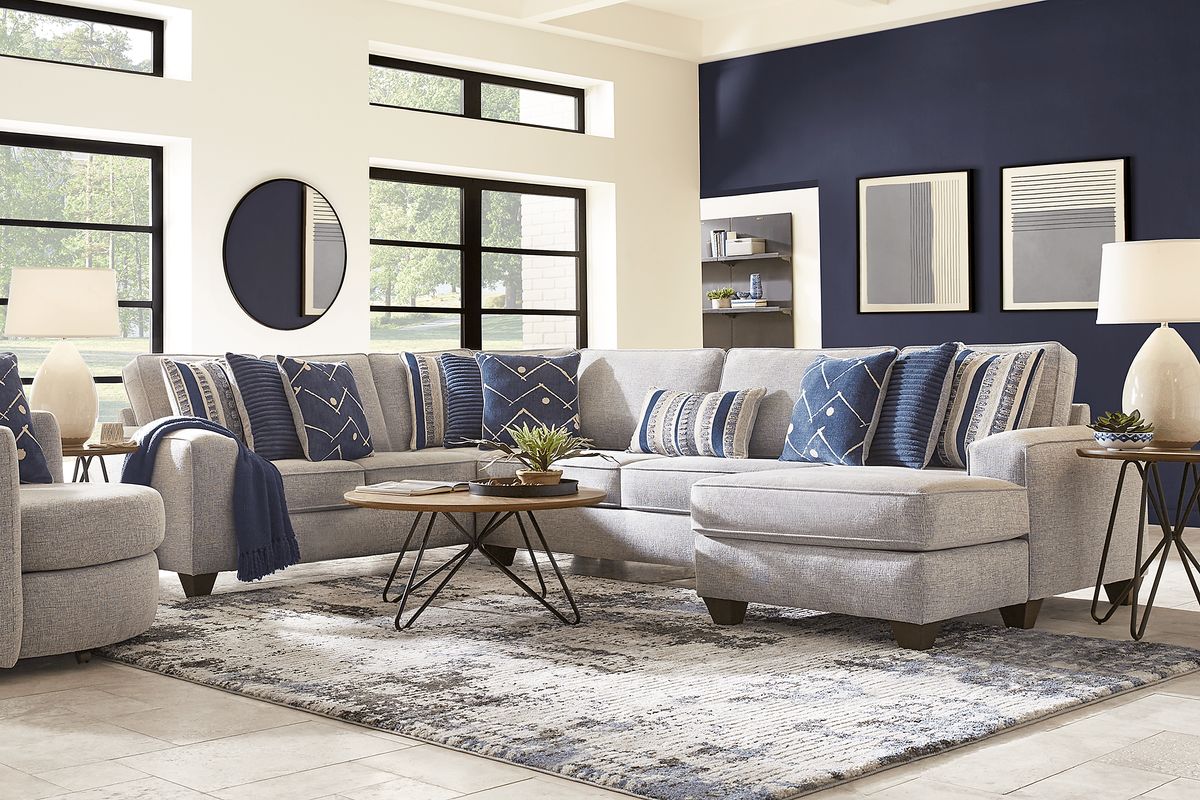 Aberlin Court Blue Polyester Fabric 3 Pc Right Arm Chaise Sectional