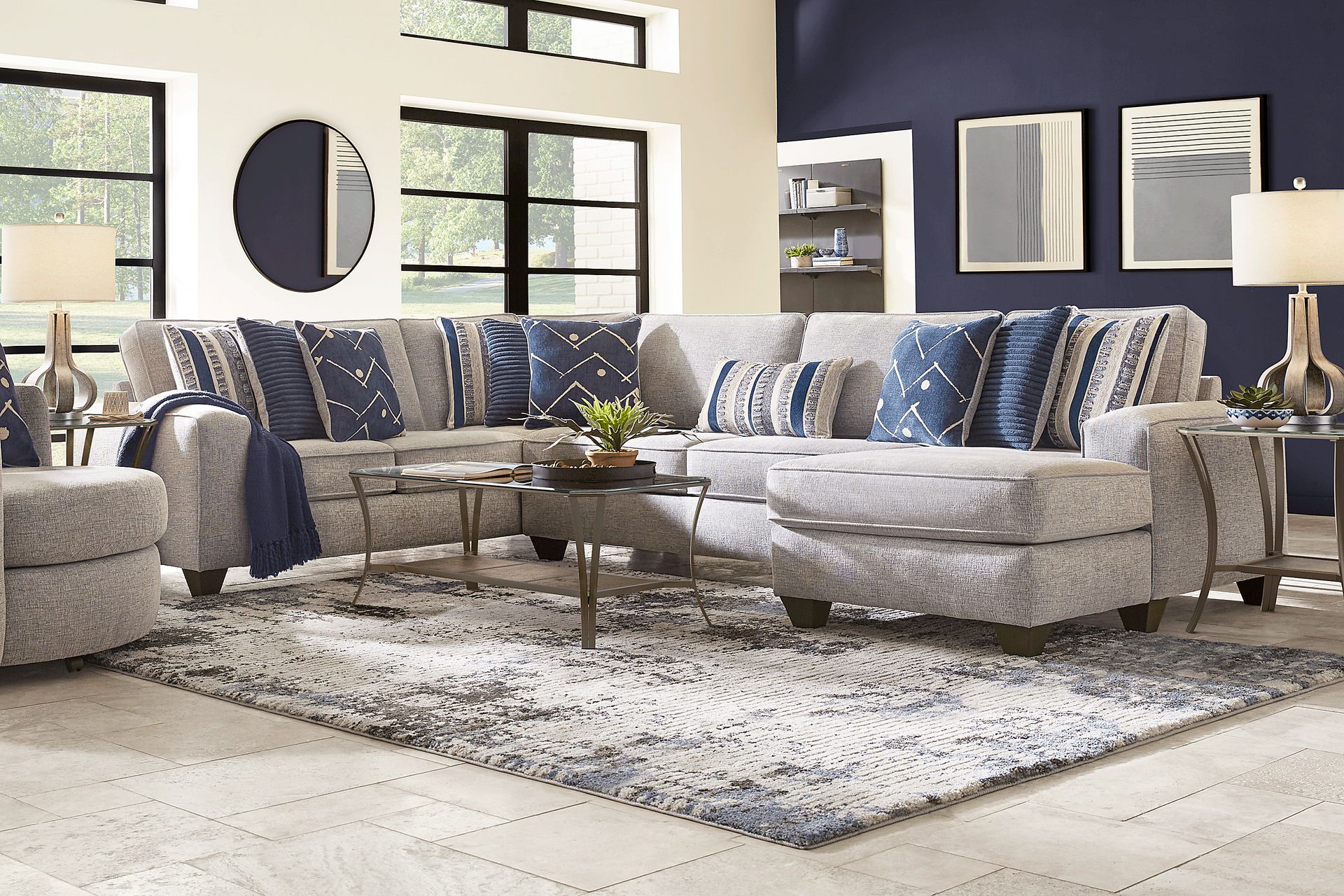 Aberlin Court 6 Pc Blue Fabric Living Room Set With 3 Pc Right Arm ...