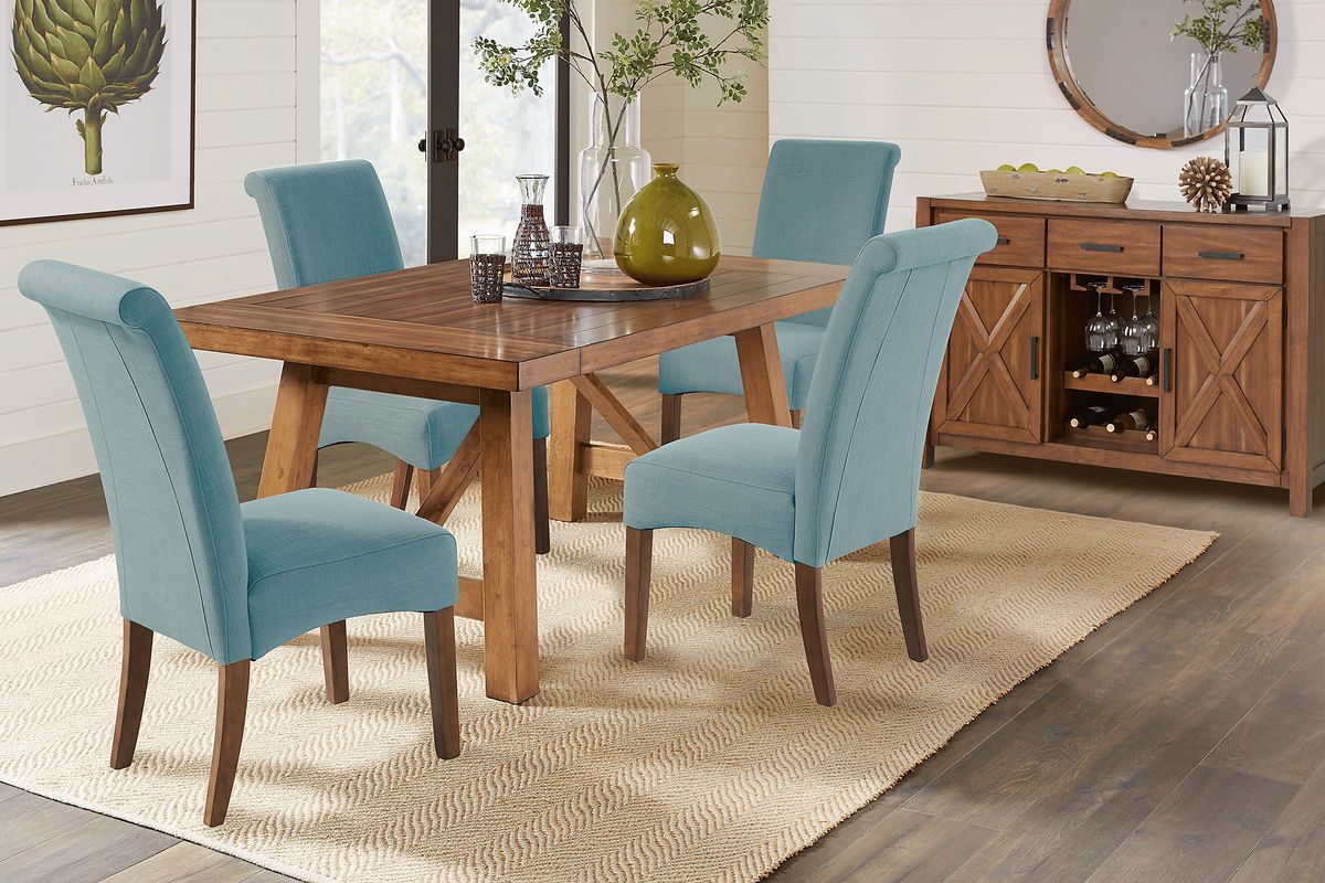 Acorn Cottage 5 Pc Brown Dark Wood Blue Dining Room Set With Dining ...