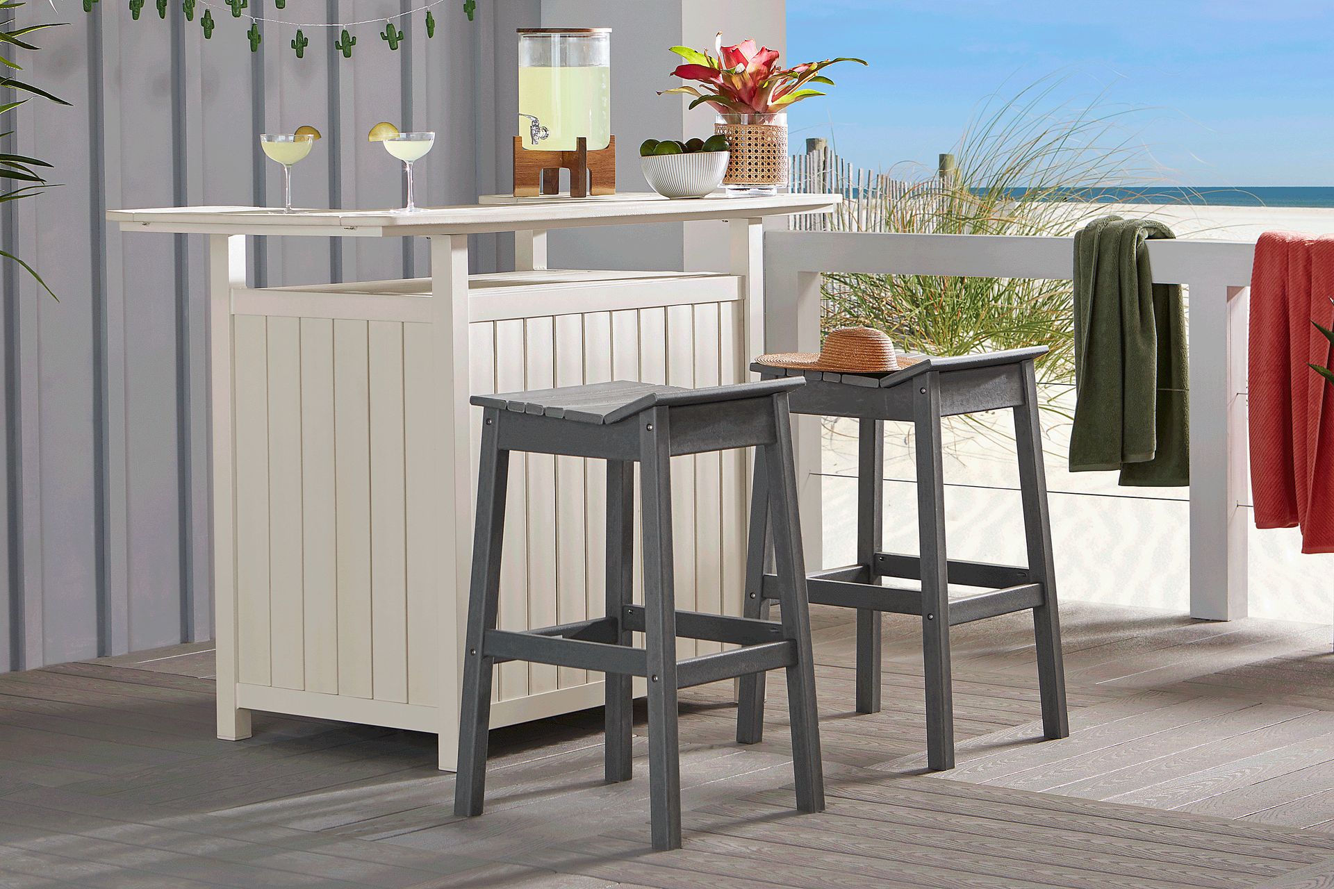 Addy White 3 Pc Outdoor Bar Set with Gray Barstools - Image 1