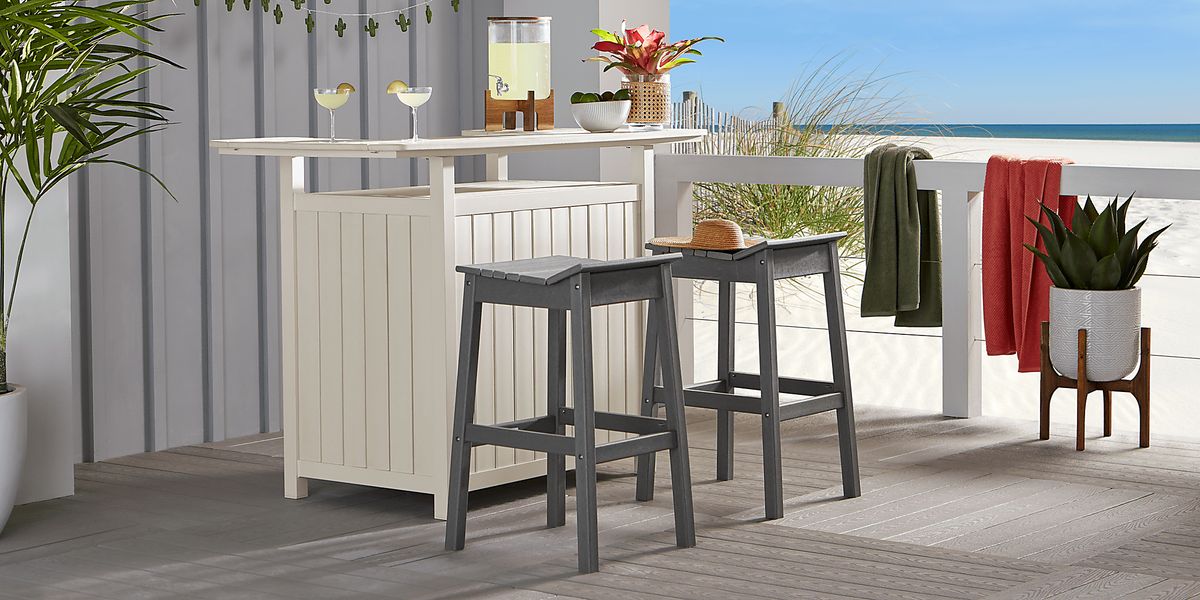 Addy White 3 Pc Outdoor Bar Set with Gray Barstools Rooms To Go