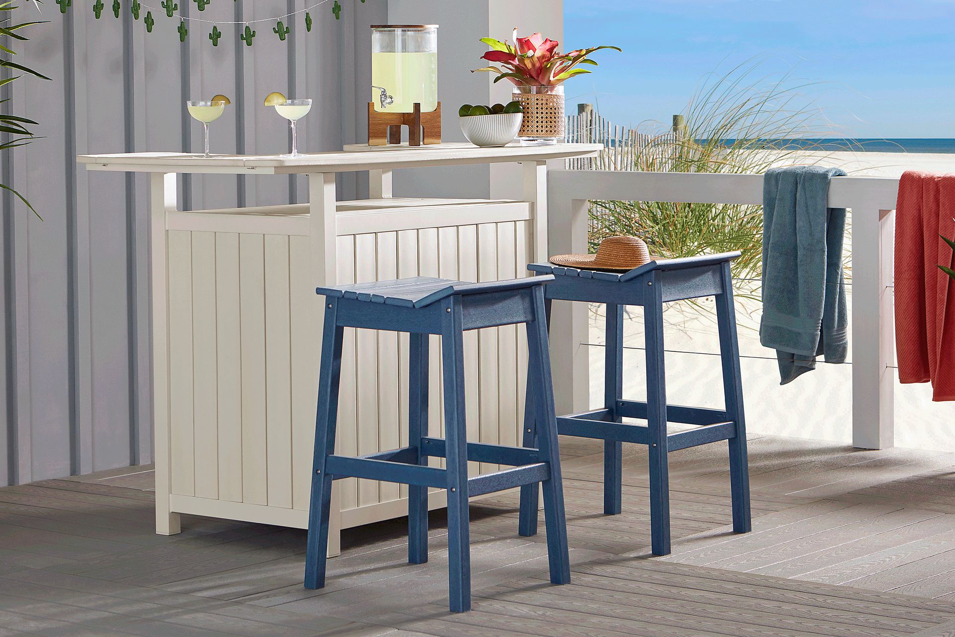 Addy White 3 Pc Outdoor Bar Set with Navy Barstools - Image 1
